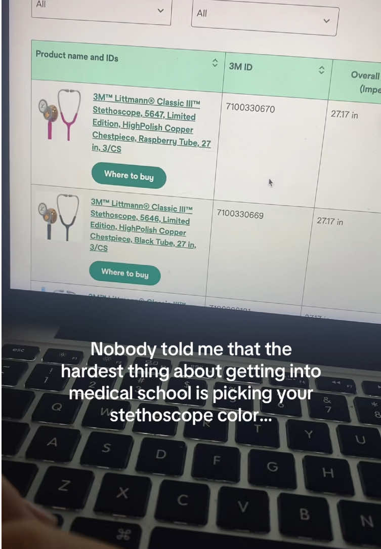 What color stethoscope do I get like why is this the hardest choice I’ve ever had to make? I don’t want to get black because I feel like everyone will have it but I also feel like black matches everything … but I also don’t know if I should get blue bc it’s my school color … AHHH help #stethoscope #medschool #medstudent #premed #medicalstudent 