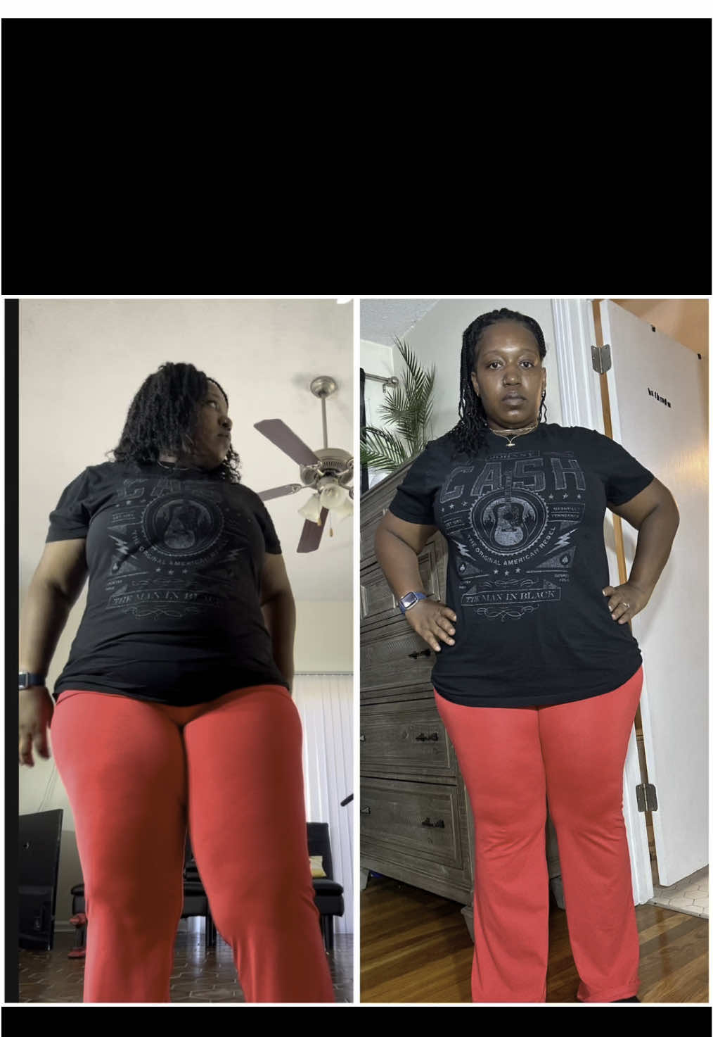 Day 30. I showed up sore, tired, bloated, and busy—but I still showed up. These pants fit different now. This confidence? Even better. One swing at a time. 💪🏽 #KettlebellChallengeComplete#kettlebellworkout #kettlebellswings #kettlebellchallenge #weightlossjouney  #weightloss #beforeandafter 