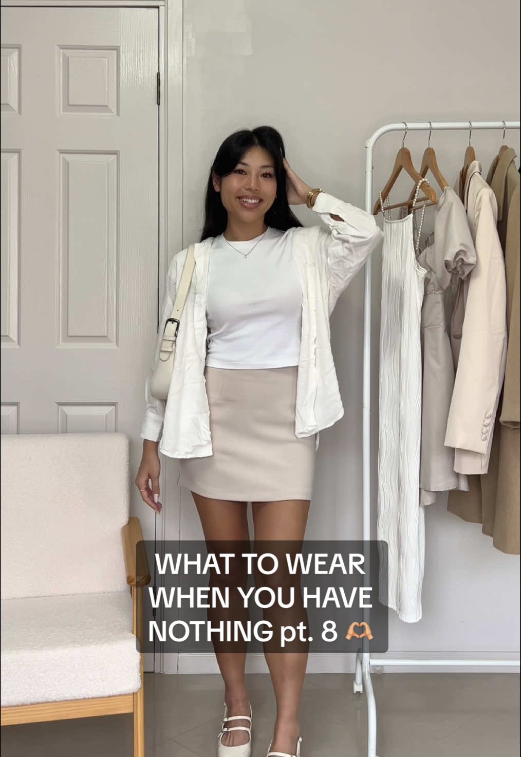 Replying to @KAYLA how to style: white t-shirt 🤍 #whiteteeoutfit #whitetshirtoutfit #whitetshirt #whattowear #nothingtowear #fashion #linenshirt #beigeminiskirt #minimalstyle 