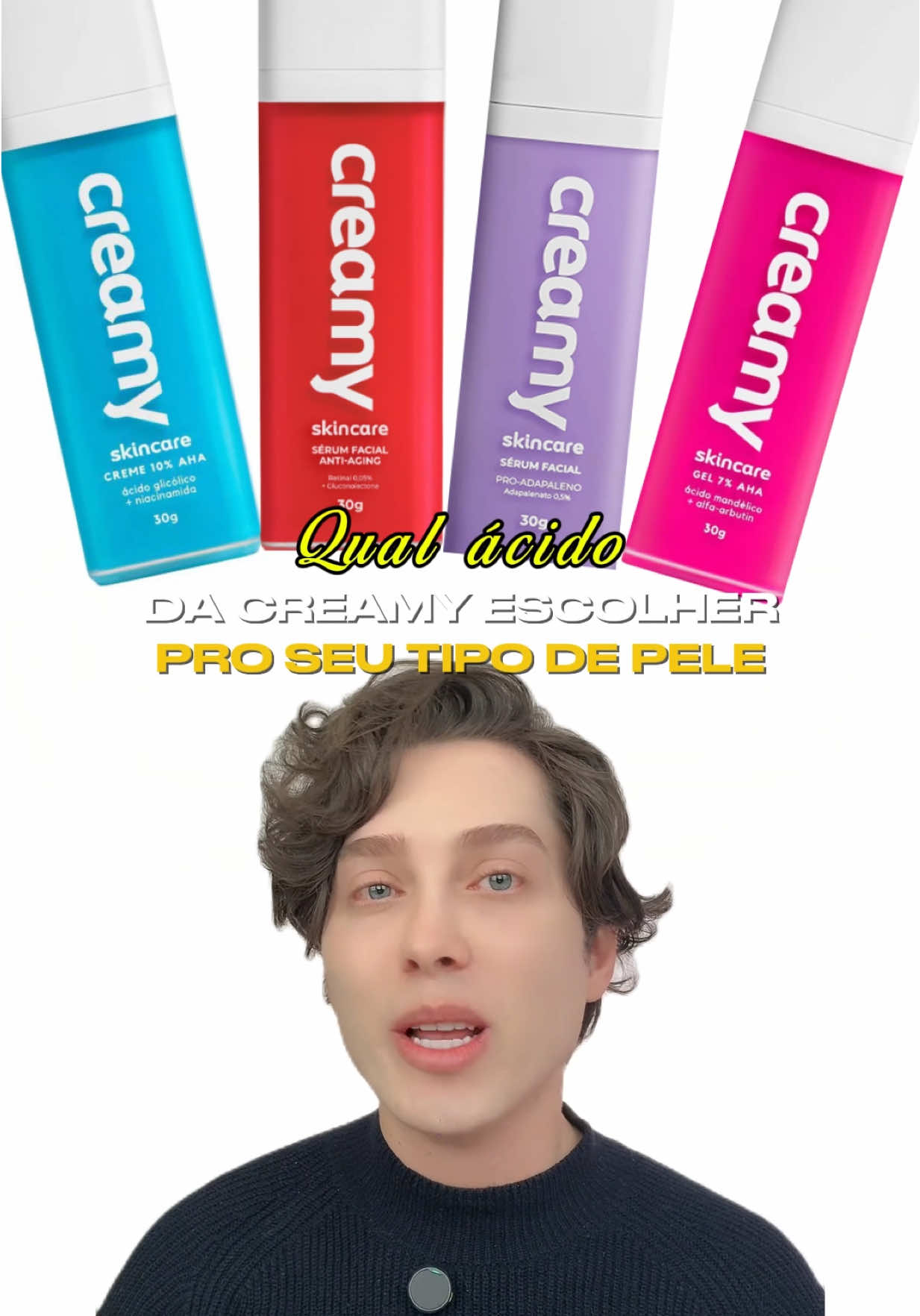 Qual ácido da Creamy Skincare escolher para seu tipo de pele.  #acidoglicolico #creamyskincare #acidomandelico #retinal #adapaleno #cupomcreamyskincare #skincare 