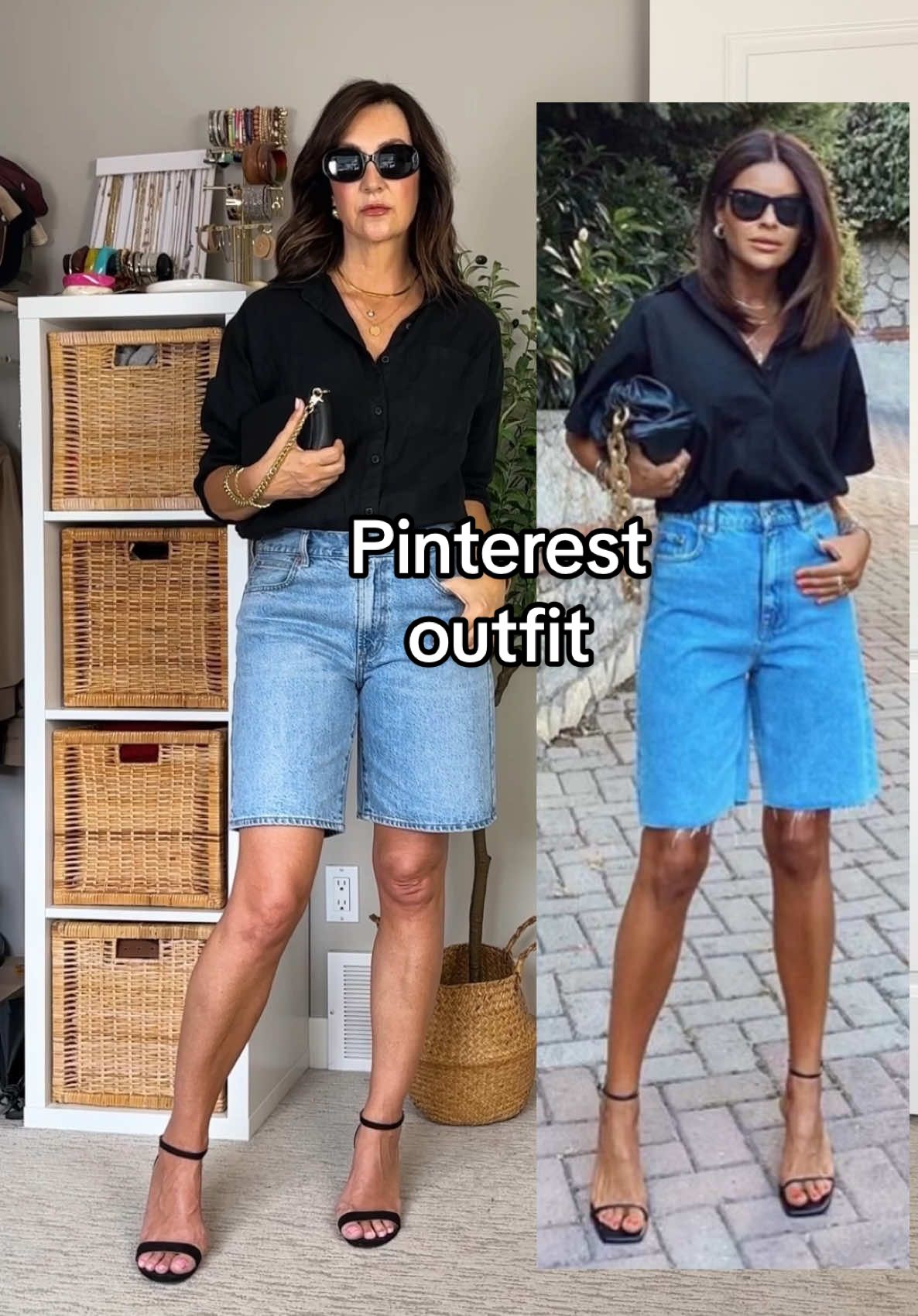 Pinterest inspired Bermuda shorts look! Or are we calling them jorts? I'm not usually into heels with shorts but I kinda like it! Links are in my LTK. - linen shirt, heels, sunnies, stitch gun: Amazon - shorts: @aritzia - bag: @poppybarley - inspo pic: @nazifeeozcan via Pinterest #pinterestoutfit Pinterest outfit, linen shirt outfit, long shorts outfit, Pinterest Bermuda shorts outfit, Pinterest inspired, Pinterest inspired summer outfit, Pinterest inspired outfit, Pinterest look, jorts outfit