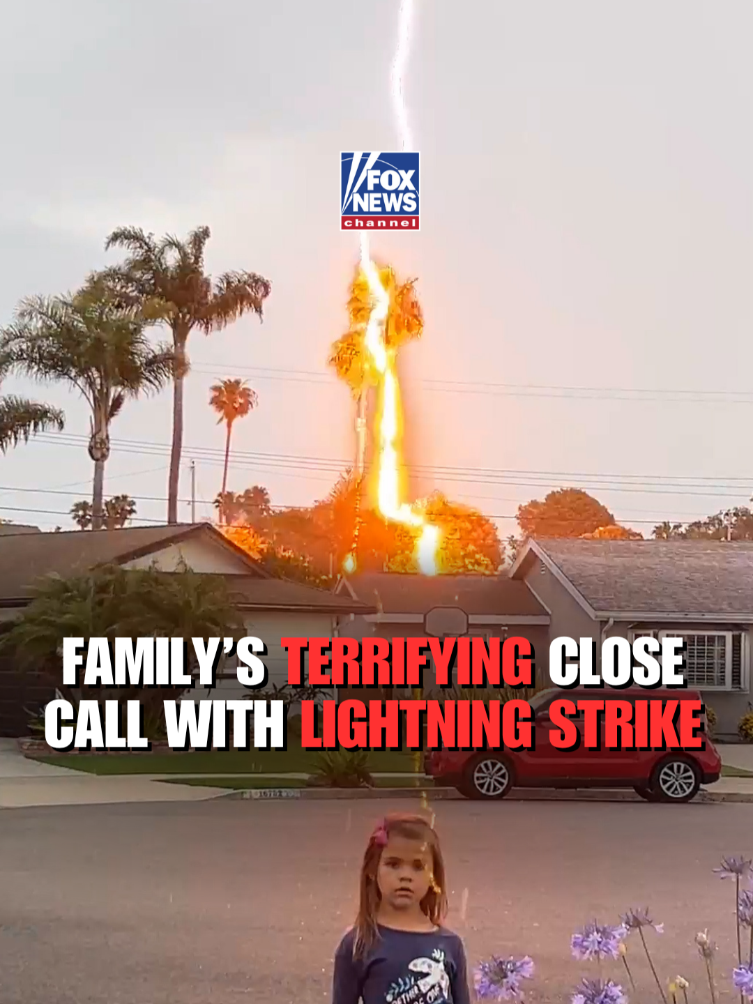 WATCH: Mom's phone was rolling the moment an intense bolt of lightning hit a palm tree behind her six year-old daughter, sending the family running for cover.