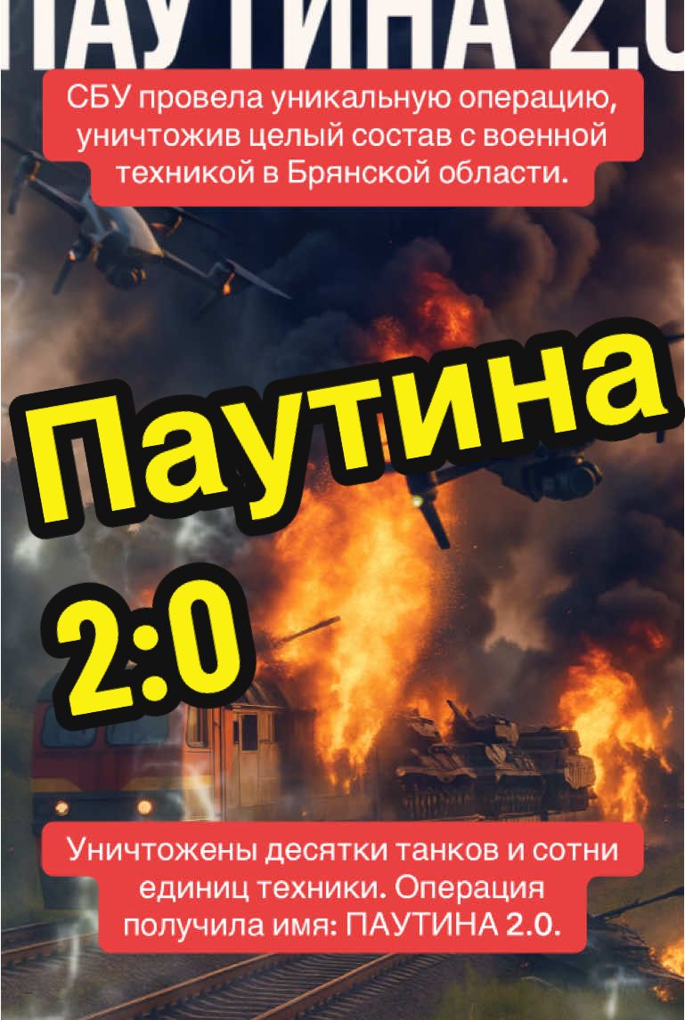 СБУ провела уникальную операцию, уничтожив целый состав с военной техникой в Брянской области. Зерновозы. Танки. FPV-дроны. Всё в одном составе. Поезд шёл через Брянскую область. На открытых платформах — десятки танков и бронетехники. А рядом — неприметные вагоны-хопперы. Зерновозы. Только вместо зерна — начинка посерьёзней. На ходу стали открываться люки — из них вылетали дроны-камикадзе. Первым ударом был поражён локомотив. Состав остановился. Дальше — всё просто: техника, стоящая на платформах, сгорела под точечными ударами FPV-дронов. Уничтожены десятки танков и сотни единиц техники. Операция получила имя: ПАУТИНА 2.0. #срочноврек #срочныеновости #шок #офигеть ##брянск #поезд #паутина2 #спецоперация #танки #военнаятехника #сбу #россия #украина #месть 