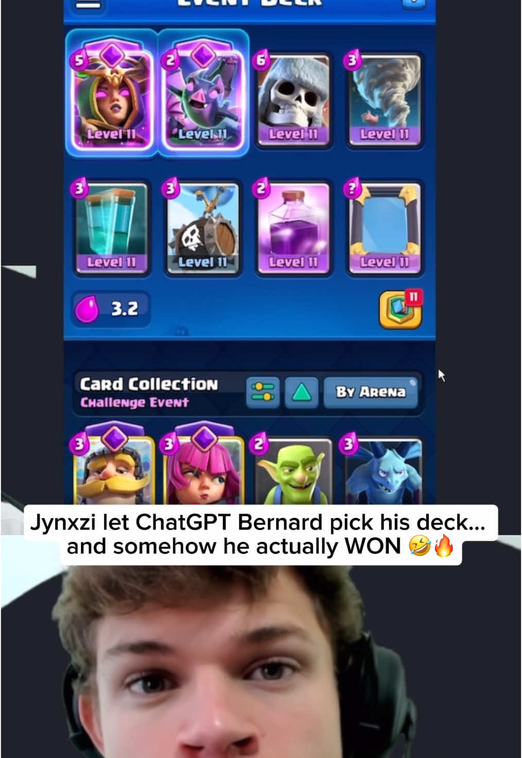Jynxzi let ChatGPT Bernard pick his deck… and somehow he actually WON 🤣💀 #jynxzi #jynxziclips #clashroyale #goviral #foryoupage 