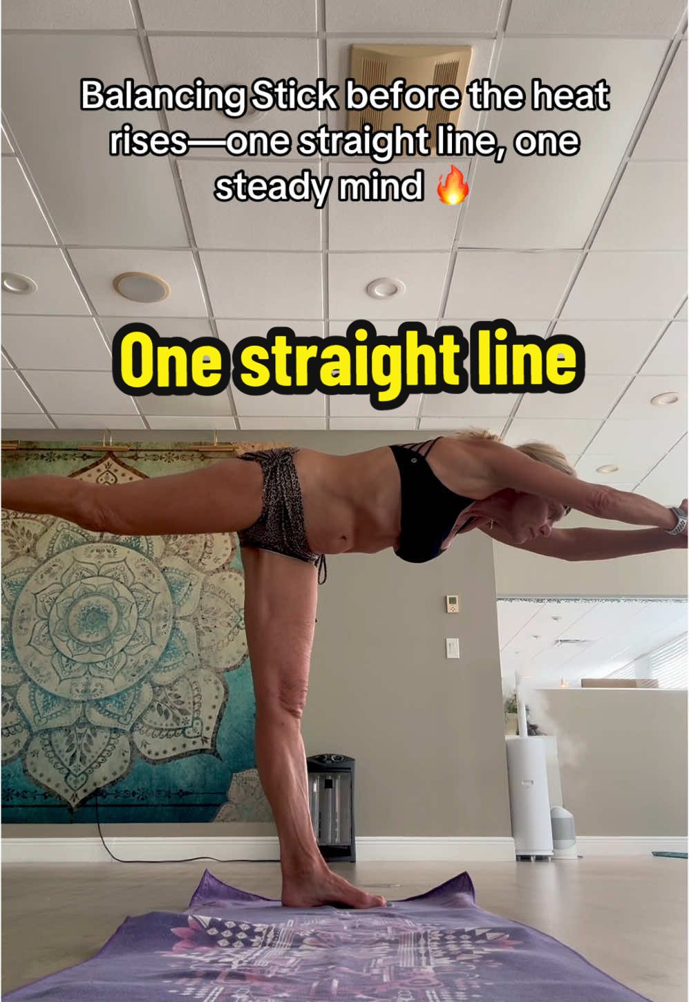 Quick balance check in Tuladandasana, then it’s 26 & 2 time 💧🧘‍♀️ #BalancingStick #Tuladandasana #HotYoga #BikramPrep #YogaWarmUp #BalanceAndBreathe