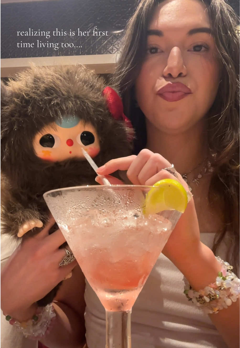 it’s her first time drinking a marg at chilis💔💔 #popmart #babythree #blindbox #trend #chilis #foryou #popmartglobal 