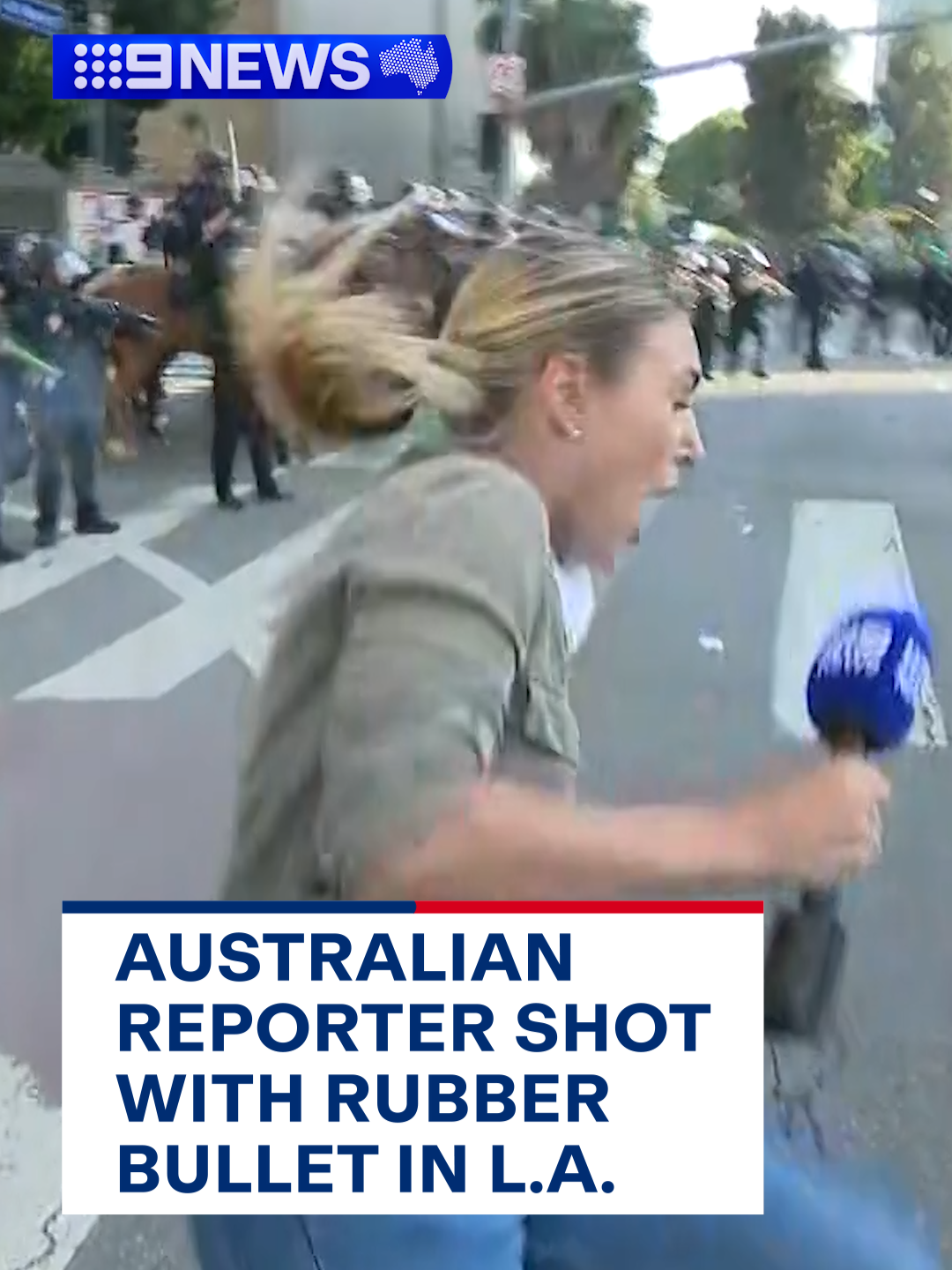 US Correspondent Lauren Tomasi has been caught in the crossfire as the LAPD fired rubber bullets at protesters in the heart of Los Angeles. #USA #LA #protest #Immigration #ICE #tv #news #reporter #live #police #9News