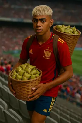 Yamal vendiendo tamales en el partido. #lamineyamal 