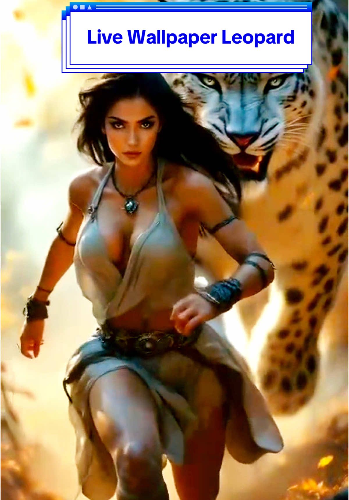 Live Wallpaper Leopard 4k : Witness the cosmic elegance of a leopard chasing a beautiful woman across a fire surface in a  forest. Fire dust and luminous particles swirl. around, creating a magical and surreal scene. Dive into the magic of this enchanting artwork! #leopard #livewallpaper #2025 #livewallpaper4k #Epic #Nature #creatorsearchinsights #screensaver #livewallpaper #wallpaper #screen #fireforest #womanrunning 