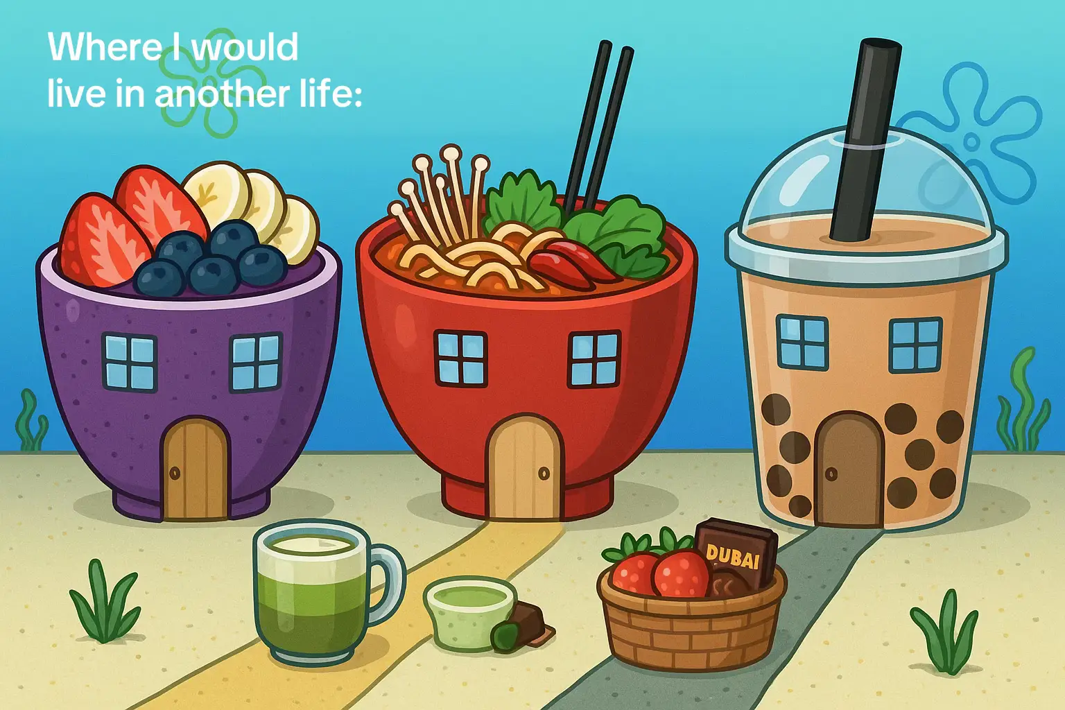 I’m hungry now btw it’s acai malatang bubble tea matcha strawberries and Dubai chocolate YUMMM