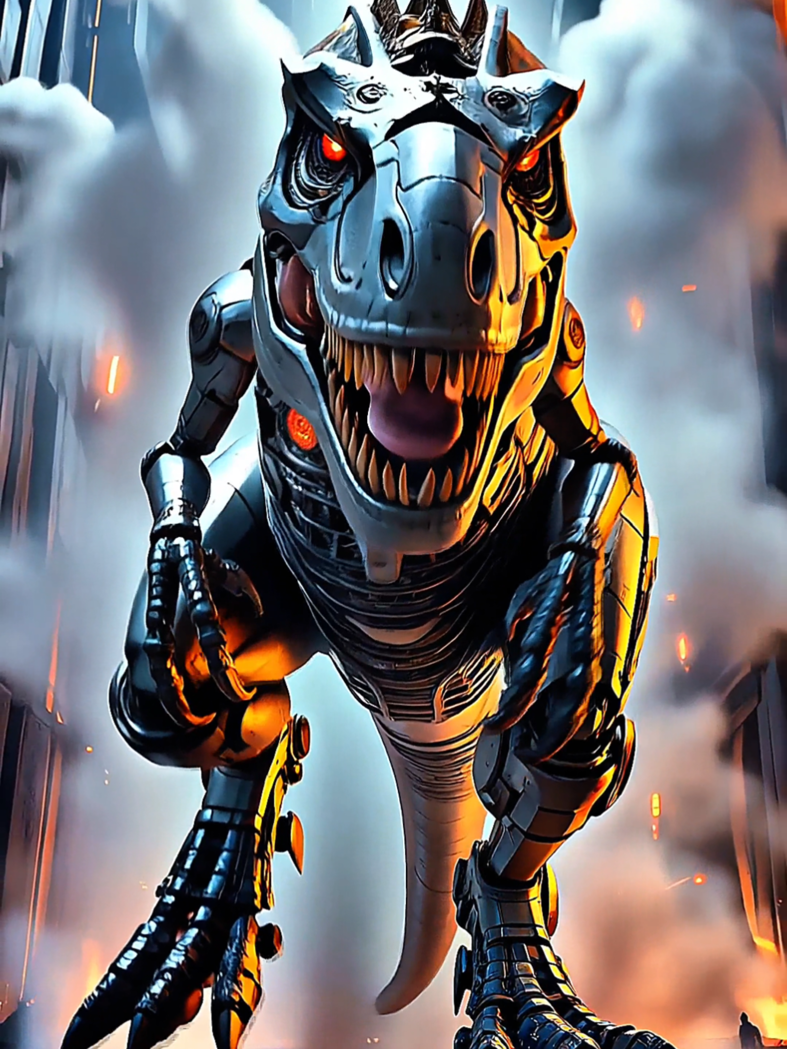 🛠️🦖 This 4K Live Wallpaper unleashes the ultimate machine of destruction. Witness the rise of a biomechanical T-Rex – a towering fusion of prehistoric power and futuristic engineering. Surrounded by fire, smoke, and chaos, this titan of steel dominates the industrial battlefield with unstoppable force 🦖🛠️ #livewallpaper #livewallpapers #livewallpaper4k #dinosaur #trex #monster #beast  #machine #mechanic #futuristic #fyp #fyi 