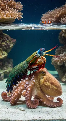 Peacock Mantis Shrimp Punching Pacific Octopus #mantisshrimp #pacificoctopus #animal #ocean #octopus
