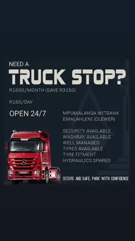 TRUCK STOP NOW OPEN R1500/MONTH  (SAVE UP TO R4000) R150/DAY  OPEN 24/7 MPUMALANGA WITBANK  EMALAHLENI (CLEWER) SECURITY AVAILABLE  WASHBAY AVAILABLE  WELL MANAGED  TYRES AVAILABLE  TYRE FITMENT  HYDRAULICS SPARES 0615091661 info@genlogistics.co.za admin@genlogistics.co.za customercare@genlogistics.co.za www.genlogistics.co.za SECURE YOUR SPACE