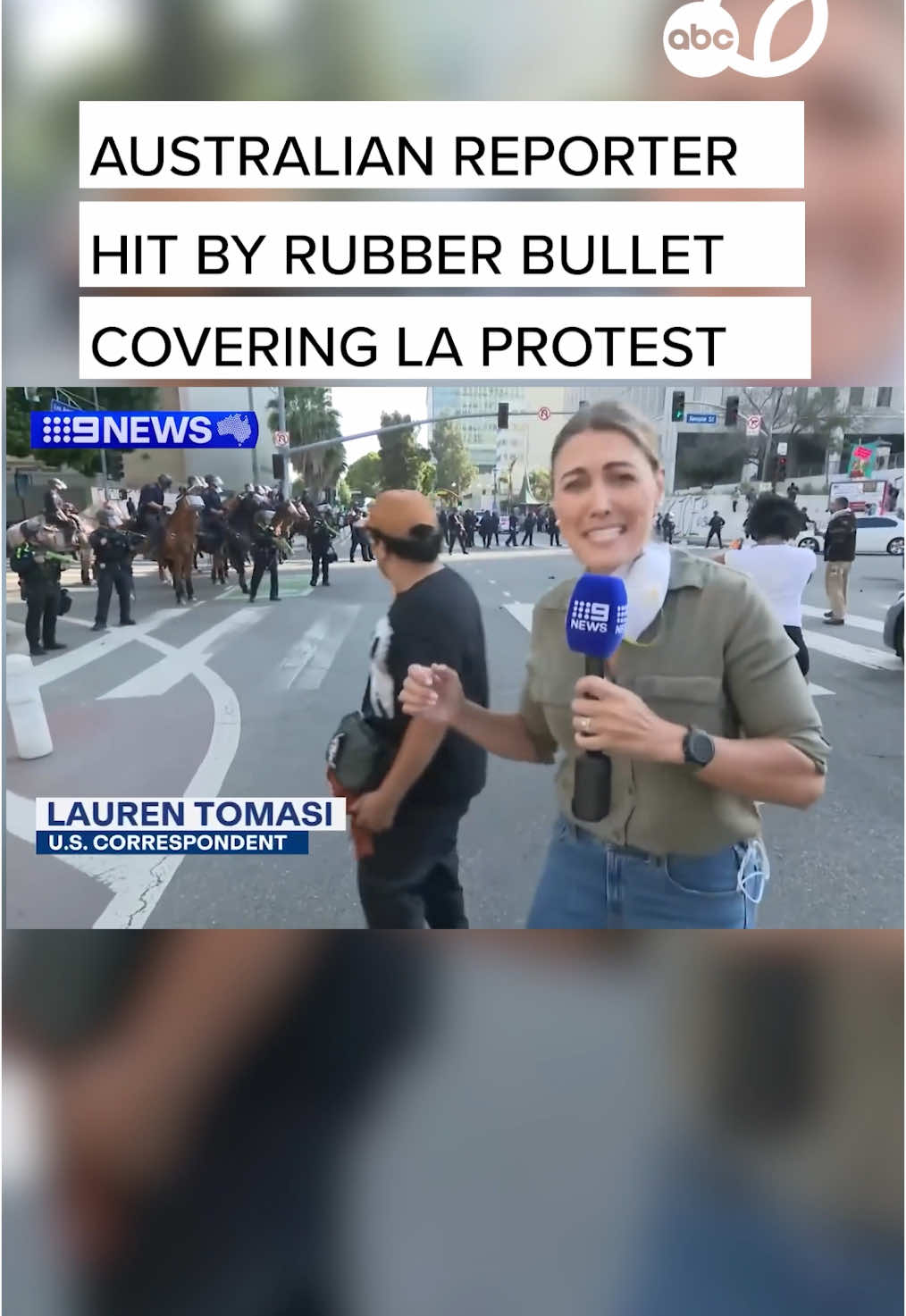A U.S. correspondent for an Australian news channel was shot with a rubber bullet as she reported on the chaos during the third day of protests in Los Angeles on Sunday, July 8. Nine News Australia reporter Lauren Tomasi yelled in pain and grabbed her leg during a live report, after an officer pointed and fired a gun in her direction.  #immigration #immigrationprotest #la #iceraid #rubberbullet #channelnine #reporter #shot #journalist #fyp #foryoupage #fypシ #news #abcnews #abc7newsbayarea 