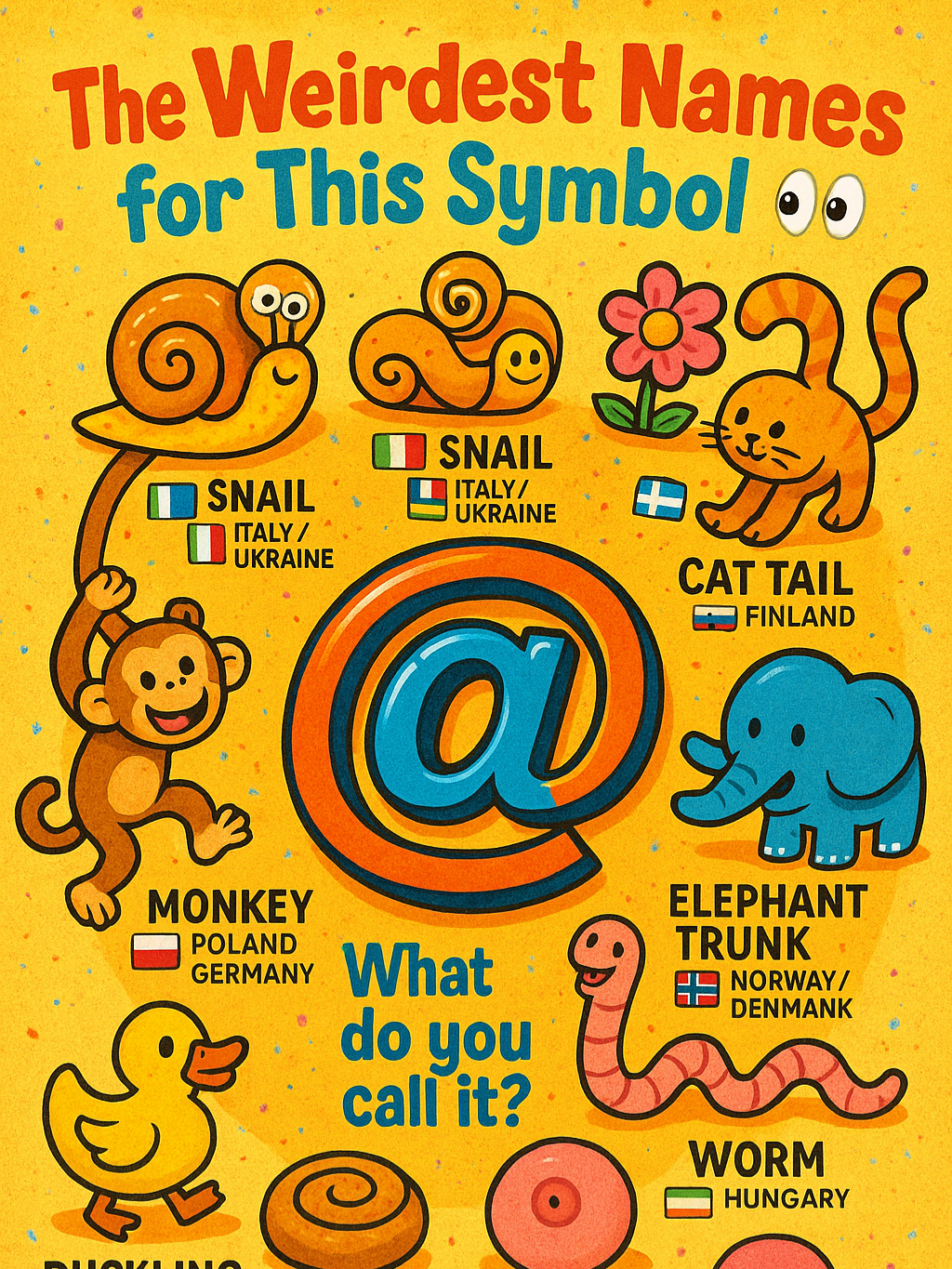 That little @ symbol? English calls it “at.” But the rest of the world? CHAOS. 🐒 Monkey 🐌 Snail 🐥 Duckling 🐘 Elephant trunk 🍰 Cinnamon bun 💐 Flower And yes… one country calls it a nipple. This is the internet’s weirdest passport. #AtSymbol #LanguageFacts #EtymologyTok #GlobalWeirdness #SymbolsExplained #WhatDoYouCallIt