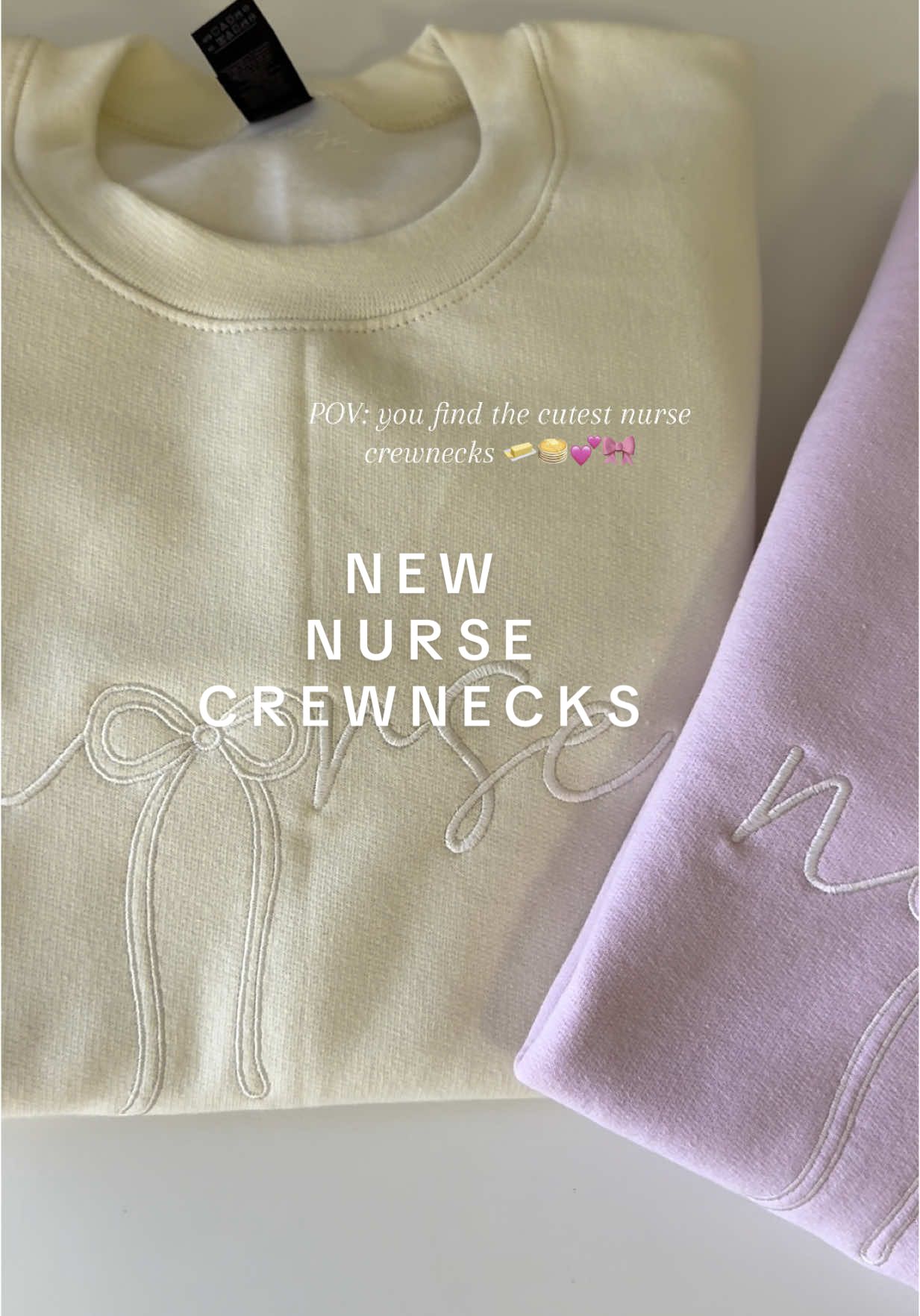 NURSE BOW EMBROIDERED CREWNECKS coming to the shop Wednesday! 🎀💛 #nurse #nurseapparel #nursesoftiktok #nursetok #healthcare #healthcareapparel #fyp #trending #foryou #new #summerarrivals #Summer #registerednurse #nursemusthave #trending 