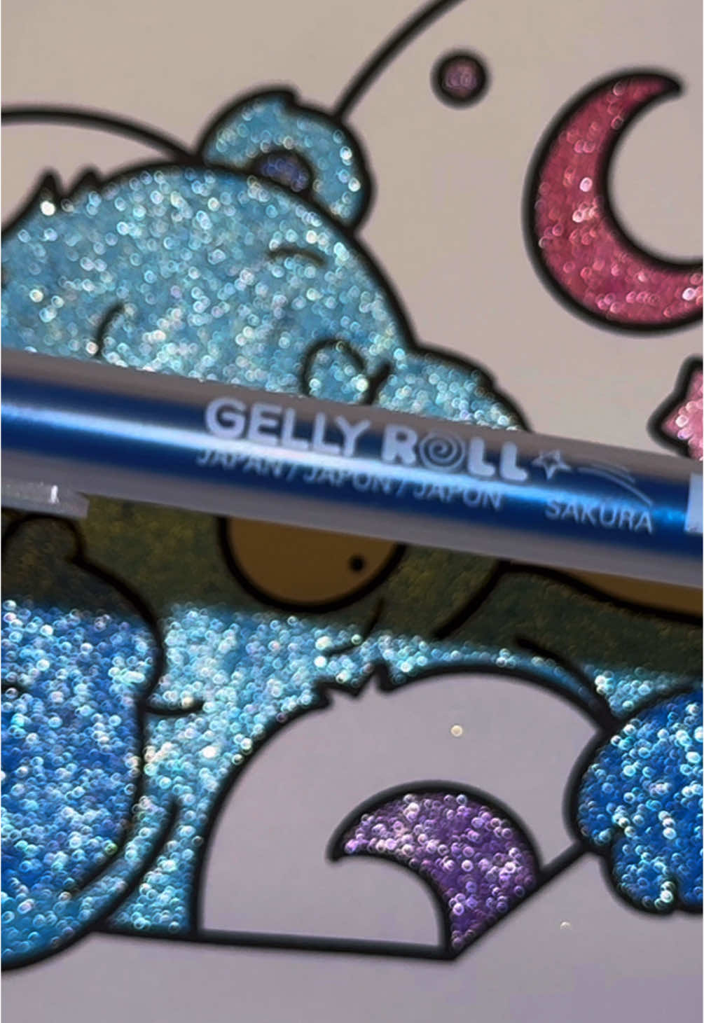 Trying a different gel pen for glitter coloring, this is the ~legendary~ sakura gelly roll set by @sakuraofamerica #coloring #satisfying #coloringpages #colouring #glittercoloring #sleep #carebears #stationery
