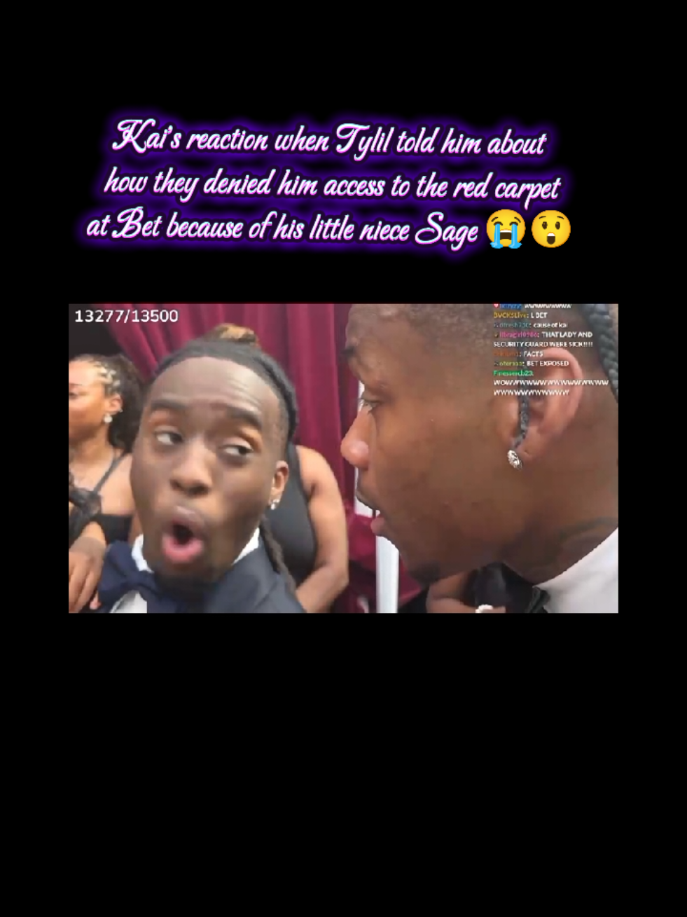 Kai's reaction when Tylil told him about how they denied him access to the red carpet at Bet because of his little niece Sage 😭😲 #kaicenat #kai #tylil #fyp #sage #rakai #bet #fypシ゚ 