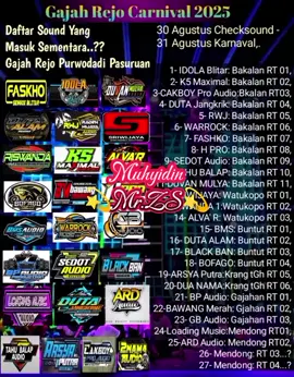 Gajah Rejo Carnival 2025,. Daftar Sound Sementara Karnaval Gajah Rejo Purwodadi Pasuruan, 30 Agustus 2025 Checksound - 31 Agustus 2025 Karnaval.. #gajahrejopurwodadi #gajahrejo#agustus #karnavalhoreg #karnaval17agustus #karnavalpasuruan #karnavalgajahrejo #soundviral #sounds #soundsystem # #karnavalsoundsystem #karnavalagustusan #hutri #sound #soundviral #agustus #karnaval #fyppppppppppppppppppppppp #fypシ゚ #fypp #fypシ゚viral🖤tiktok #foryoupageofficiall #foryoupage❤️❤️ #algoritmatiktok #algoritma #sobatngarit #sobatngaret #sobatngaritnusantara #sobatngaretnusantara #sobatngaritindonesia #sobatngaretindonesia #sobatngaritnusantara🔥🔥 #sobatngaretnusantara🔥🔥🔥 