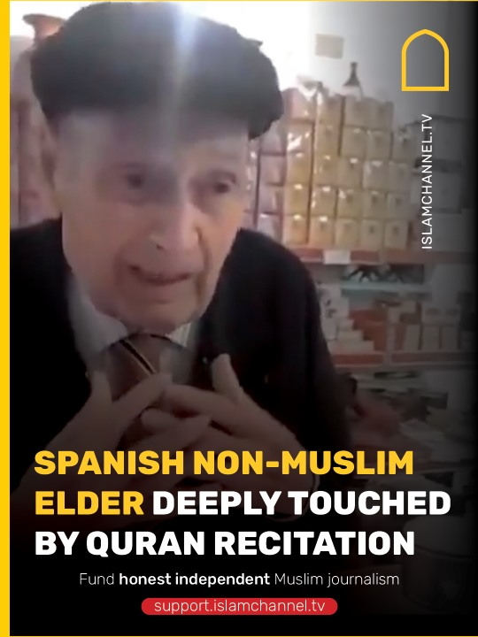 An elderly non-Muslim man in Spain was drawn into a shop after hearing a Quran recitation. Visibly emotional, as if the Quranic verses were speaking directly to him, he said, 