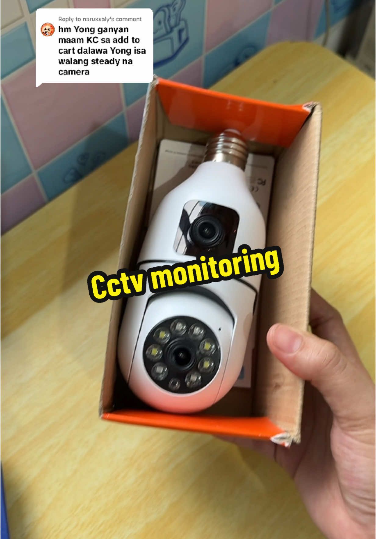 Replying to @naruxxaly marami sir pagpipilian sa yellow basket kung dual camera ba or hindi at kung gusto niyo na may ksamang sd cad or cctv lang #cctv #cctvcamera #dualcamera #surveilancecamera #nightvision #dualsound #v380 #bulbcctv 