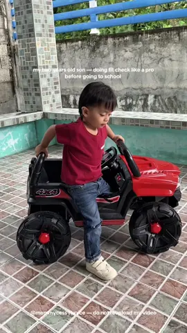 my two years old son — doing fit check like a pro before going to school ❤️🖤 #outfitcheck #toycarforkids #toycars #toycarsforkids #toycar #toycar4x4 #4x4toycar #fyp #recos 