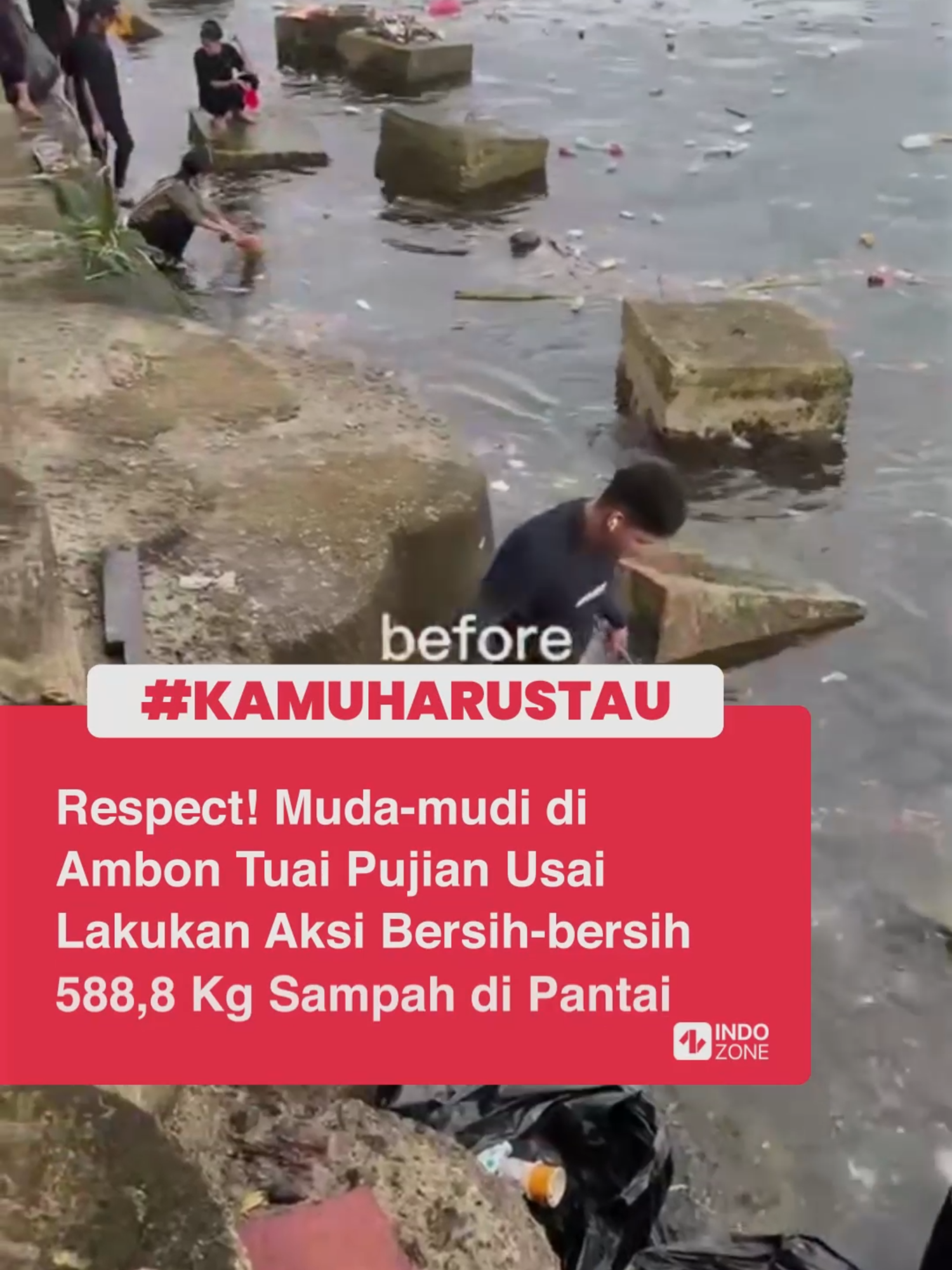 Keren banget!  Sekelompok pemuda di Ambon, Maluku baru-baru ini melaksanakan aksi bersih-bersih sampah di Pantai Wisata Tapal Kuda di Hari Lingkungan Hidup dan Hari Laut Sedunia.   Berbekal peralatan seadanya seperti karung dan sapu lidi, sebanyak 588,8 kilogram sampah berhasil dikumpulkan.  Pantai yang tadinya dipenuhi berbagai jenis sampah, menjadi bersih seketika berkat usaha tanpa kenal lelah. Terima kasih atas semua dedikasinya, ya! Video: TikTok/pemuda.anggrek [Baca berita dan informasi menarik lainnya hanya di www.indozone.id]