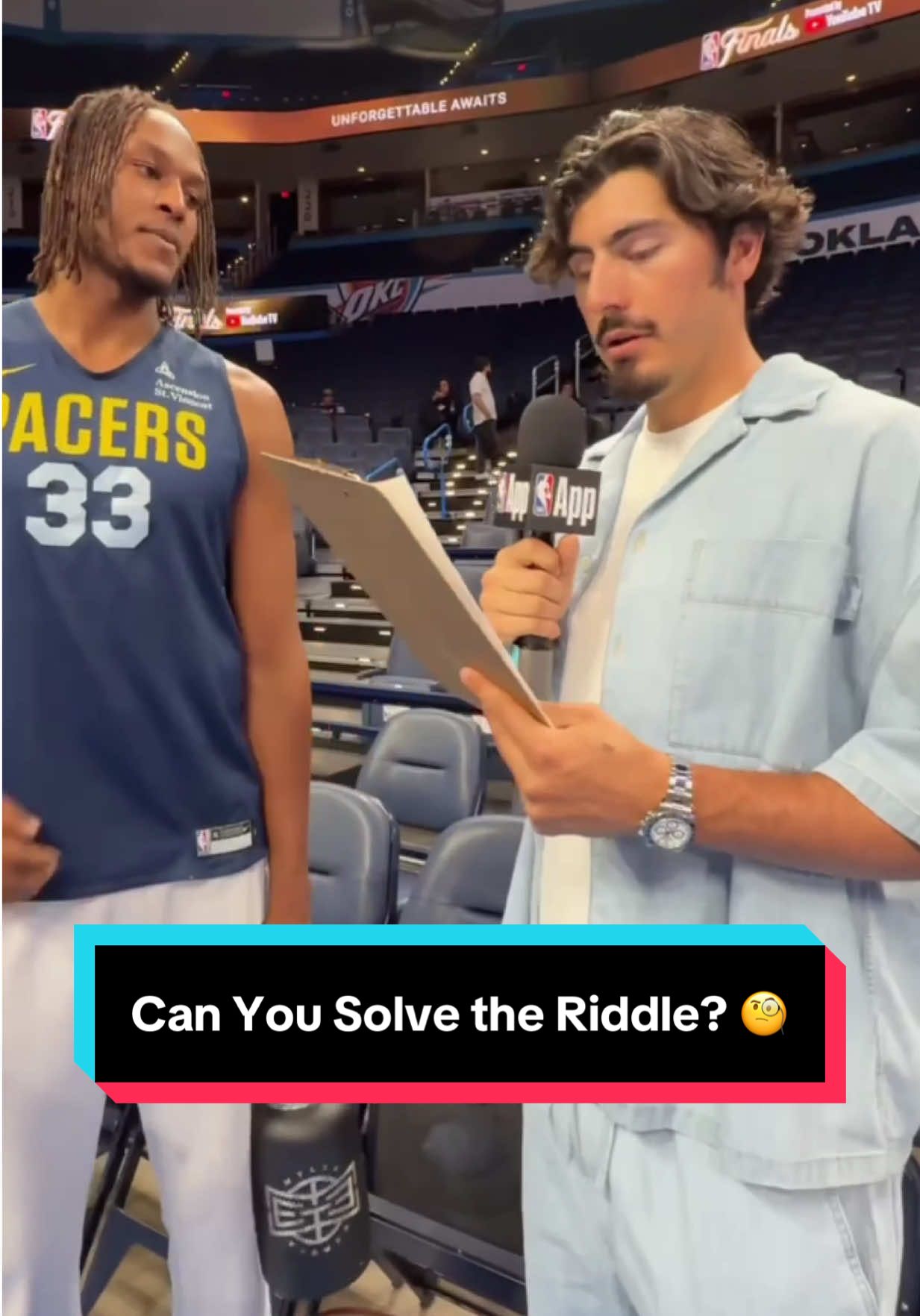 Jaime Jaquez Jr. tests out a riddle at the #NBAFinals presented by YouTube TV 🧐🙇‍♂️ #NBA #NBAPlayoffs #Basketball 