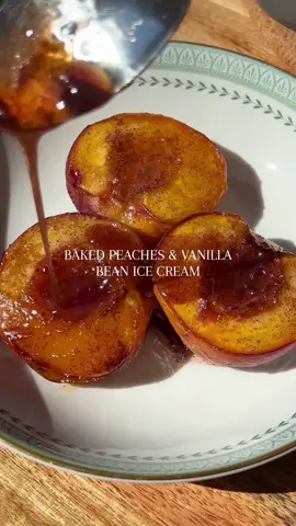 Baked peaches and vanilla bean ice cream I make this over and over and never get bored of it. One to make if you want a quick, easy, DELISH dessert  serves 2 2 peaches, halved 1/2 tsp cinnamon 1 tbsp maple syrup 1 tbsp soft light brown sugar 2 tbsp melted butter - 100g / 1/3 cup condensed milk 300ml double cream  1 1/2 tsp vanilla bean paste Instructions If you want to home make some no-churn ice cream: whisk your cream, condensed milk and 1 tsp vanilla paste together until soft peaks. Spoon into a freezable bowl and put into the freezer for at least 5 hours or overnight. Alternatively just buy some good quality vanilla bean ice cream! Pre-heat your oven to 175C/ 350F. Half your peaches and place flesh side up in a baking tray. In a bowl, mix your butter, maple syrup, sugar, cinnamon and 1/2 tsp vanilla paste. Spoon into the middle of the peaches and any excess around the edges of the peaches. Bake for 30 minutes. Serve in a bowl with some ice cream!!  #bakedpeaches #peach #peaches #dessert #Summer #spring #EasyRecipe #icecream 