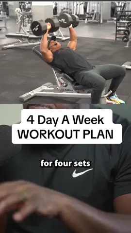 4 Day A Week WORKOUT PLAN  Monday – Push Day – Incline dumbbell press – 4x10 – Seated shoulder press – 4x10 – Dumbbell lateral raises – 3x15 – Tricep pushdowns – 3x12 – Push-ups to failure Tuesday – Pull Day – Dumbbell or barbell rows – 4x10 – Lat pulldowns or pull-ups – 4x12 – Cable rows – 3x12 – Dumbbell curls – 3x12 Thursday – Leg Day – Goblet or barbell squats – 4x10 – Romanian deadlifts – 4x8 – Walking lunges – 3x20 steps – Calf raises – 3x20 – Wall sits – 3x30 sec Friday – Full Body & Core – Deadlifts – 4x6–8 – Push press – 4x8 – Pull-ups (or assisted) – 3 sets – Hanging leg raises or planks – 3 sets 🚨- Comment “COACH” for 1 on 1 coaching.