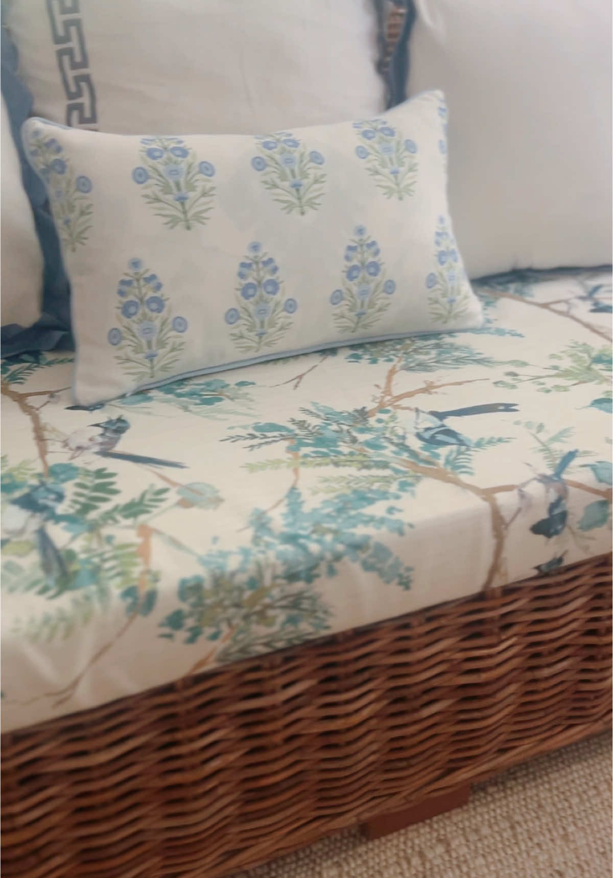 This cream cover was dirty and safety pinned together after years of use. Found this great fabric at Hobby Lobby and it looks so much better! #fabric #makeoverroom #cushion 