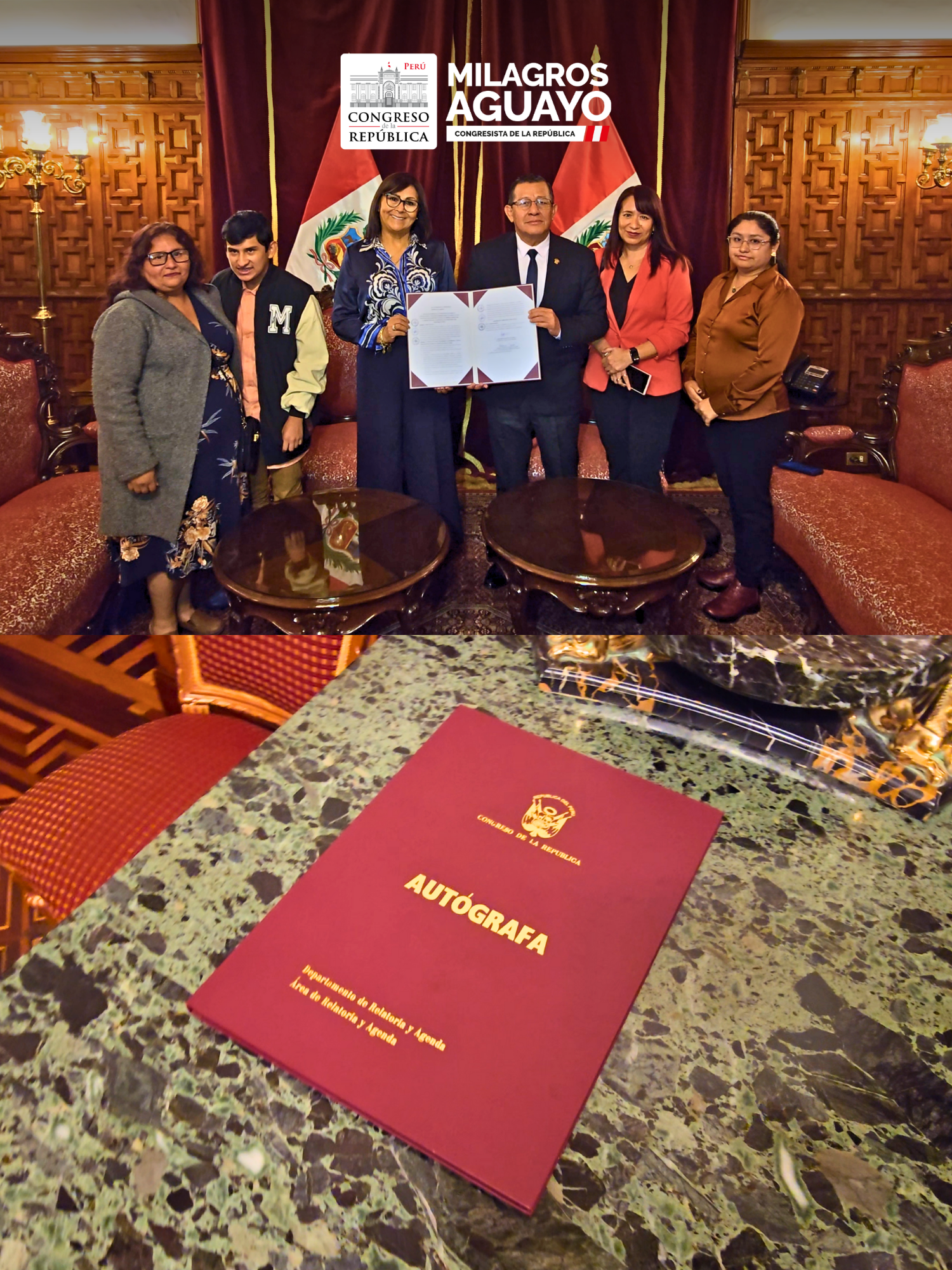 🔵 ¡Se firmó la autógrafa del #PL4818, de mi autoría! ♥️ Una propuesta que nace del compromiso con los más vulnerables: la creación del Centro Especializado en Investigación y Atención Integral para Personas con Trastorno del Espectro Autista (TEA). 🇵🇪 Esta ley beneficiará a más de 200 mil peruanos con autismo, garantizando una atención integral, continua y de calidad a lo largo de toda su vida. ✍️ La autógrafa fue firmada por el Presidente del Congreso de la República, @edusalhuana . 🔵 Porque cada persona con autismo merece una atención digna, permanente y verdaderamente humana. #AutismoPerú #TEA #AtenciónIntegral #CentroTEA #MilagrosAguayo