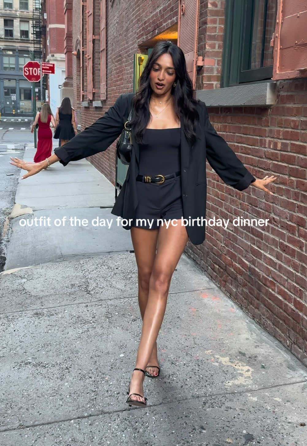 gonna rewear this outfit so much this summer  shorts @abercrombie  bodysuit @Nuudii System  heels @Mango  belt @madewell  blazer is actually @H&M  bag @Coach  jewelry @Ana Luisa 