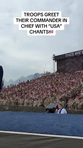 CHILLS 🇺🇸 @President Donald J Trump is greeted with “USA”chants from troops as he walks on stage for his speech celebrating the Army’s 250th birthday! #maga #donaldtrump #usa 