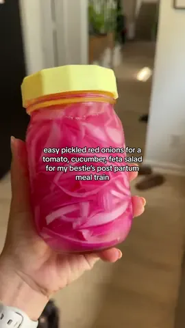 The easiest pickled red onions ever! You just need a red onion, some sort of vinegar, hot water, sugar and salt. The vinegar and water ratio just needs to be 1:1. You can also boil the water now vinegar on the stove but that’s too much work for me LOL. You can put these pickled onions on literally anything (salads, sandwiches, wraps) it’s so versatile. #pickledonions #pickledredonion #mealtrain #postpartum #postpartummeals #postpartummealprep #EasyRecipe 