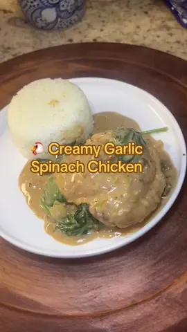 🐔 Creamy Garlic Spinach Chicken Ingredients:    •   6 chicken thighs (bone-in or boneless)    •   Seasoning of your choice (salt, pepper, garlic powder, etc.)    •   Paprika (for color)    •   Olive oil    •   2 tablespoons butter    •   ½ onion, diced    •   Minced garlic (2–3 cloves or to taste)    •   1/2 cup chicken broth    •   1/2 cup heavy whipping cream    •   1 can cream of mushroom soup    •   A couple handfuls of fresh spinach. INSTRUCTIONS: 	1.	Season both sides of your chicken generously with your favorite seasonings and a touch of paprika for color. 	2.	Heat olive oil in a pan (I love using cast iron, but any nonstick pan works great). 	3.	Sear the chicken on both sides until browned and cooked through (internal temp should reach 165°F). 	4.	Remove the chicken and set aside. 	5.	In the same pan, add butter, diced onion, and minced garlic. Sauté until fragrant and onions are soft. 	6.	Stir in chicken broth, heavy cream, and cream of mushroom soup. Bring to a gentle simmer until bubbly. 	7.	Lower the heat and return the chicken to the pan. Spoon the sauce over the chicken, then add the spinach. 	8.	Cover and let it cook for another 2–5 minutes, until the spinach is wilted and everything is well combined. 	9.	Serve hot over white rice and enjoy every creamy, cozy bite! ❤️