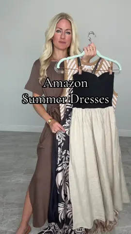 ✨AMAZON ✨ 4 Neutral Summer Dresses to pack on vacation or wear all summer long! use the link on my page to shop all of my outfits on Liketoknowit! @Amazon Fashion  Shirt dress has side slits and a tie detail, stretchy and comfy to wear! Linen midi dress is amazing quality, has pockets and the black top is cotton/stretchy! Knit tank dress is sweater like material with fringe detailing. Cutout tropical dress is lightweight and has a slit in the back.  #amazon #amazonfinds #amazonfashion #amazonmusthaves #OOTD #dresses #SummerFashion #fyp #fypシ #fypシ゚viral 