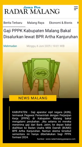 KABUPATEN - Gaji aparatur sipil negara (ASN), termasuk Pegawai Pemerintah dengan Perjanjian Kerja (PPPK) di Kabupaten Malang bakal mengalami perubahan. Jika selama ini mereka menerima gaji dari Bank Jatim, ke depan bakal dialihkan ke Badan Usaha Milik Daerah (BUMD) BPR Artha Kanjuruhan. Namun skema tersebut sementara ini hanya diberlakukan bagi PPPK formasi 2024. Sumber : https://www.google.com/amp/s/radarmalang.jawapos.com/ekonomi-bisnis/amp/816114823/gaji-pppk-kabupaten-malang-bakal-disalurkan-lewat-bpr-artha-kanjuruhan #malang #malangraya #kotamalang #kabupatenmalang 