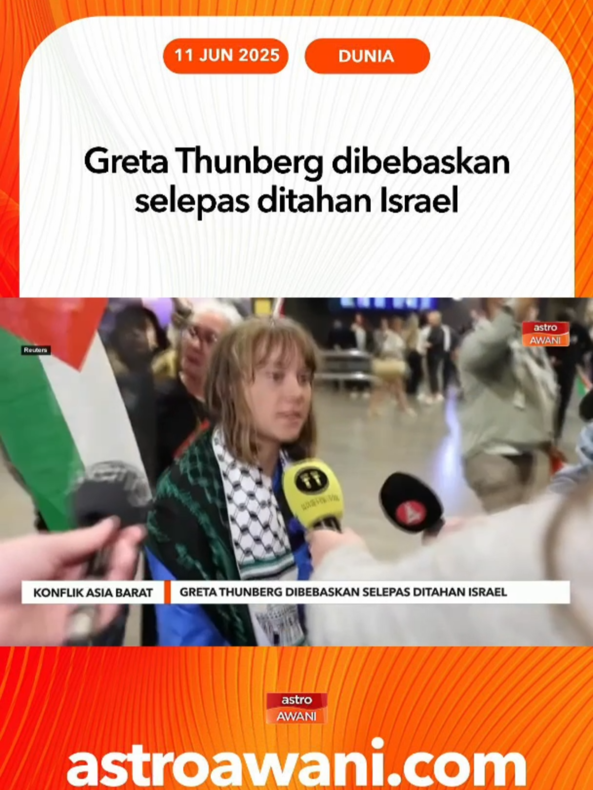 Greta Thunberg dibebaskan selepas ditahan oleh Israel kerana cuba belayar ke Gaza bersama aktivis lain; beliau kecam sekatan Israel dan dakwa berlakunya jenayah perang. #AWANInews