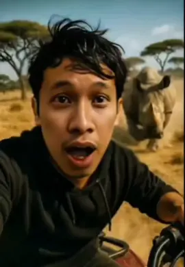 cara membuat video, masuk kling ai, unggah foto, tulis prompt, man wearing a jacket rides an ATV across a desert road, laughing excitedly while filming a selfie with his left hand. Behind him, a charging rhinoceros kicks up swirling dust clouds as the vehicle speeds away, distant trees blurring beneath a cloud-streaked sky, the handheld footage intensifying the adrenaline rush. #videoviral #viral #tiktok #capcut #ai #viraltiktok #fyp #fypage #fyppppppppppppppppppppppp #action #juara 