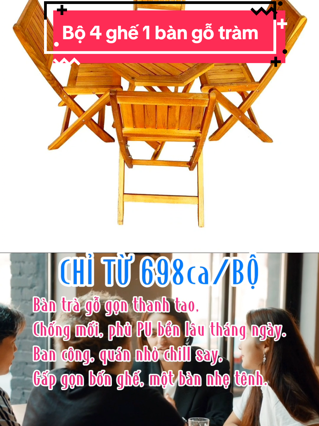 Bộ 4 ghế 1 bàn gỗ tràm gấp gọn cho cafe, ban công, sân vườn chill chill, bàn ghế đã xử lý pu chống mối mọt #dogiadung #giaydep #quanao #dotreem #dodientu #dotrangtri #tuixach #sach 