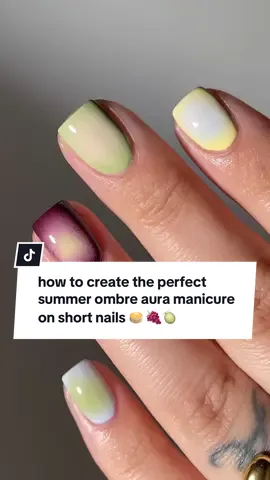 how to create the perfect summer ombre aura manicure on short nails 🥞 🍇🍈 products used: banana split, jukebox baby, iced latte, taurus, a future shade 🫢, & totally gelly.  #summernails #auranails #ombrenails #easynails #diynails #diynailsathome #shortnails #nailtutorials 