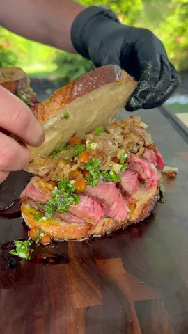 Grilled Steak Sandwich with Roasted Pepper Chimichurri 🤯🔥 Seared to perfection over real charcoal on my @Hasty Bake Legacy—because nothing beats that authentic wood fire flavor 💨 . The Hasty Bake gives me full control, deep smoke, and that flame-kissed crust every great steak deserves. . Juicy steak, melty cheese, and that smoky, tangy roasted red pepper chimichurri—this sandwich goes way beyond basic. One bite, and it’s game over 🤤