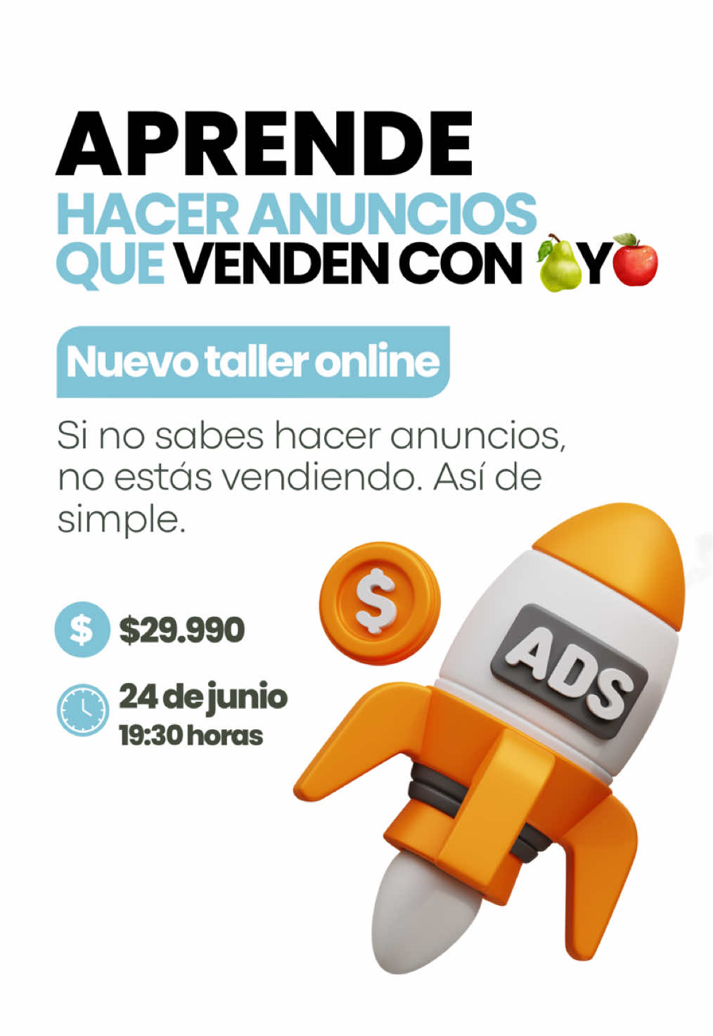 🚫 Estás perdiendo ventas todos los días. 📉 Tu competencia ya está invirtiendo. 💸 Y tú sigues publicando sin resultados... 🔥 Tranquil@. Este taller es para ti 👇 👨‍🏫 30 años de experiencia en marketing y publicidad al servicio de los que empiezan. ✅ Aprenderás desde CERO a hacer anuncios en:     •    Meta (Instagram y Facebook)     •    Google     •    YouTube     •    TikTok 👉 Sin tecnicismos. 👉 Sin perder plata en pruebas. 👉 Sin depender de agencias. 🗓️ Modalidad online en vivo 💥 Solo $29.990 🎁 Incluye grabación y material. 🎯 Ideal para emprendedores, pymes, negocios personales o quienes recién comienzan. 🚀 ¡Cupo limitado! 📲 Escribe 