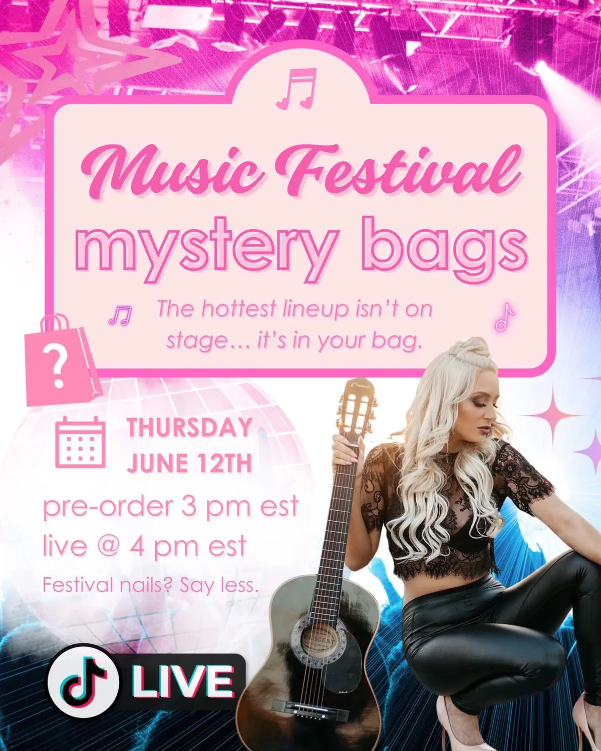 🎀✨ MYSTERY BAGS, BUT MAKE IT A FESTIVAL 💽💅 It’s giving glitter. It’s giving glam. It’s giving the ultimate music fest mood 🎶💖 Introducing our Music Fest Mystery Bags — each one inspired by the concert of your dreams and packed with exclusive colours you can only get in these bags. Limited. Magical. A total vibe. 💋 🌸 BAG THEMES🌸 👢 Y’allapalooza – country babe core 🖤 Pretty in Punk – pop-punk princess energy 🌈 Glochella – glow girl summer (yes, they GLOW 🫢) 💸 Just $29.99 / bag 🛍️ Pre-orders drop Thursday @ 3 PM EST 🎥 Live show kicks off Thursday @ 4 PM EST 👑 Join Adrianna TONIGHT for the swatch party you cannot miss Set your alarms, babes — these sell out FAST and they’re too good to gatekeep 🫶🌸 Who is ready for this month's MYSTERY BAGS!!!