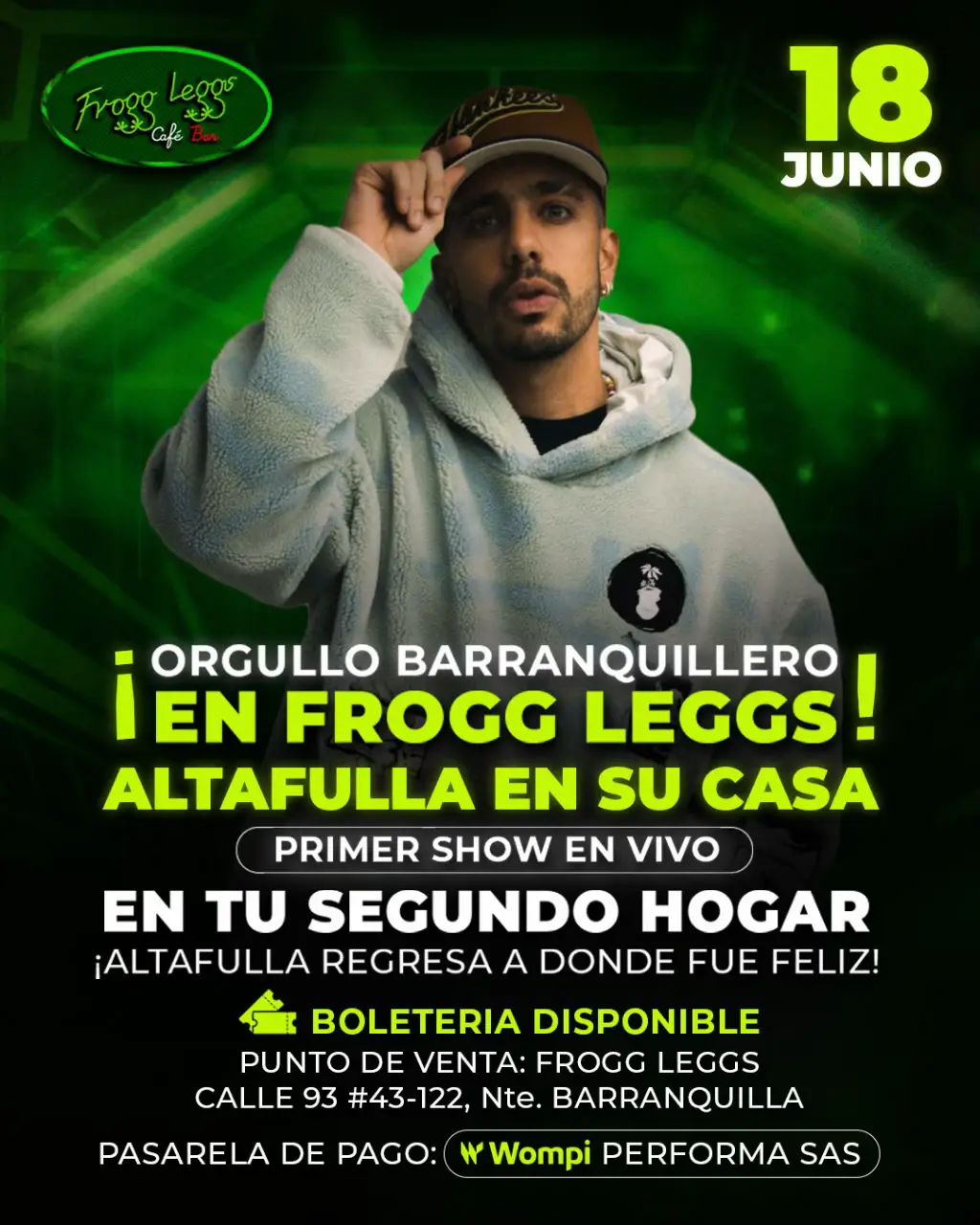 ¡YA DISPONIBLE LA BOLETERÍA! Este miércoles 18 de junio Altafulla llega a Frogg con un show que va a prender la ciudad ¡Y ahora puedes comprar tus entradas 100% online! Entradas limitadas, cómpralas desde ya en nuestra nueva plataforma virtual: