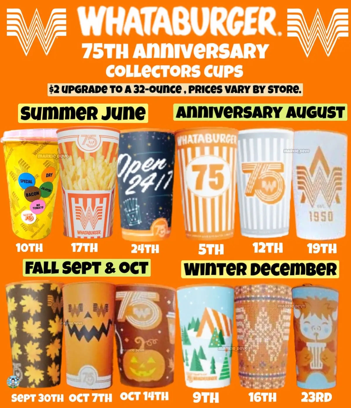 I’m here for the Halloween & Yeti cup.😅🤌🏻 Whataburger celebrates 75 years with collectable Commemorative Cups! These colorful, collectable 32-ounce cups come in 4 sets. Each cup will drop on the date given and last while supplies are in stock.  -Summer June 10 - 30th -Anniversary edition August 5th - 25th  -Fall September 30th - October 20th -Winter December 9th - 29th 💲2 upgrade on a meal to get the cup, prices vary by location.  (News/Image:: @whataburger ) Feeling these👇🏻 #whataburger #FoodTok #foodtiktok #Foodie #collectorscups #teamchubster #noms #yum #mmm #snacks #food #snacktok #fastfood 