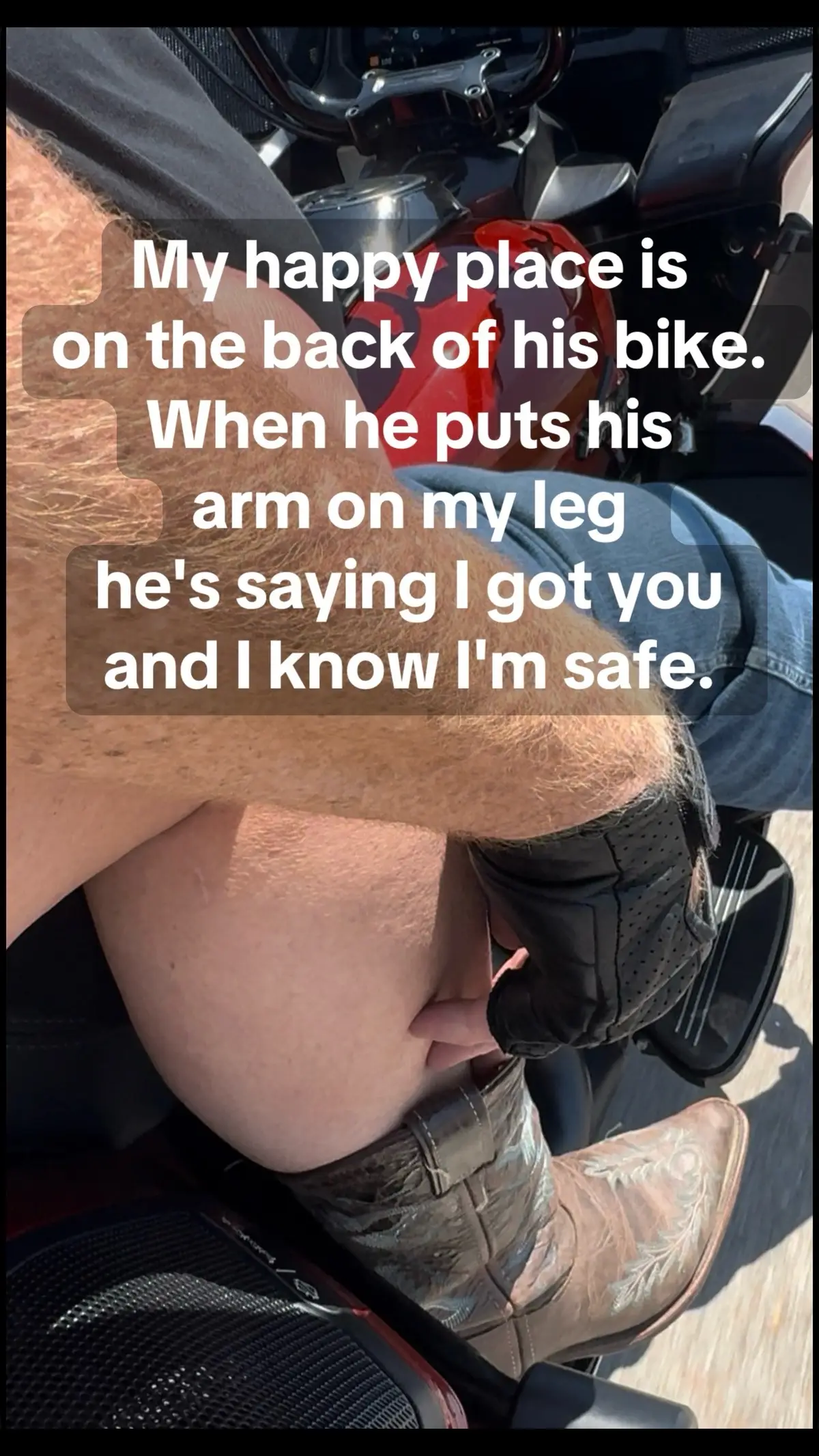 Leg rubs mean I am glad you are with me and you are safe with me. #legrubsontheharley #sunshine #warmweather #biker #bikerbabe #harleydavidson #bikerlifestyle  #bikercouple #harleydavidsonlifestyle #bikerwife #truesouthernaccent #foryoupage #foryou #fyp