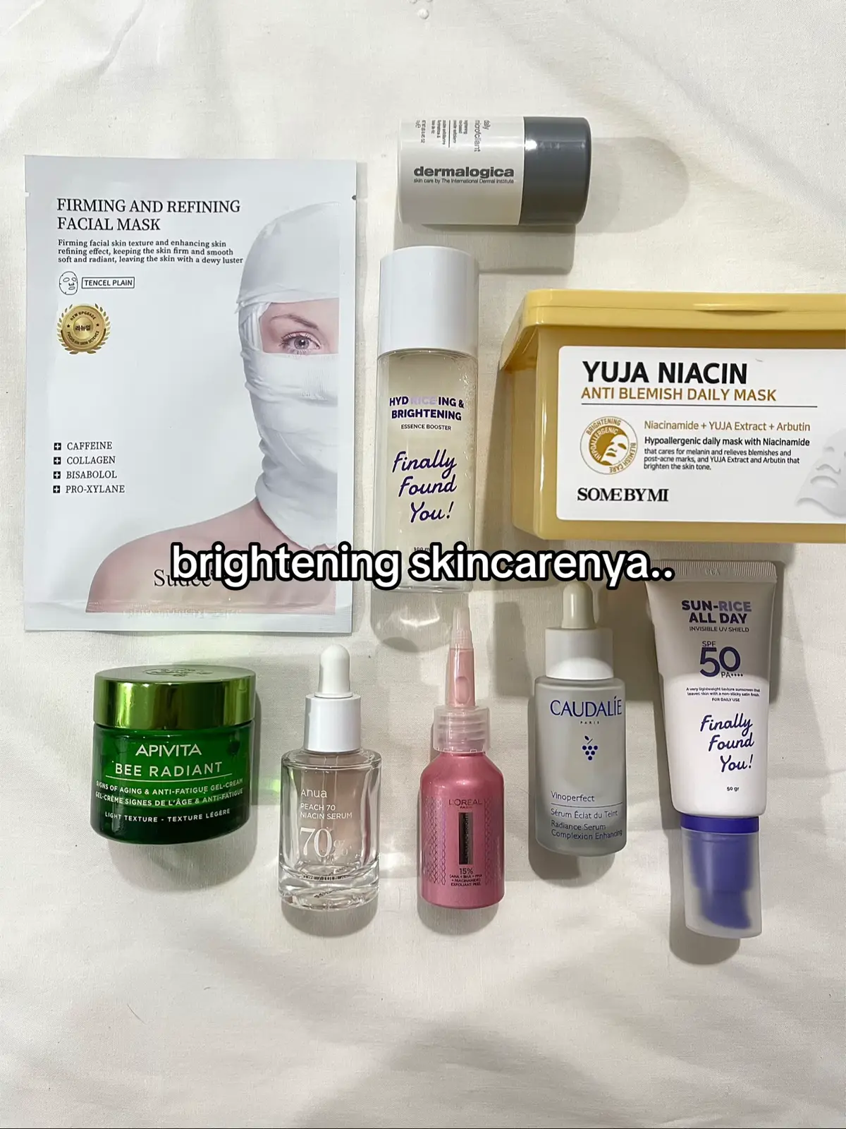 #skincare #brighteningskincare #highendskincare #koreanskincare #fyp #4u #fypforyou #beautyproducts #beautyviral #BeautyTok #kontenrame #bismillahfyp #caudalie #somebymi #apivita #finallyfoundyou #loreal #anua #dermalogica 