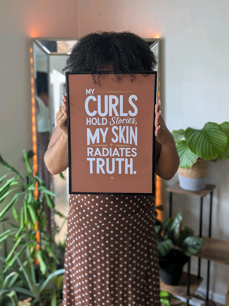 ✨ A print made for HER. ✨ “My curls hold stories, my skin radiates truth.” This quote poster is more than decor — it’s a daily reminder of your beauty, power & history. 🌱 Perfect for your bedroom, hair studio or content wall. 🖤 Tag someone who needs this energy in their space!  #EmpowermentPrints #BlackGirlMagic #HairStudioDecor #WallArtInspo #SelfLove #BlackBeauty #Affirmations #HomeDecor #curlygirl #hairjourney 